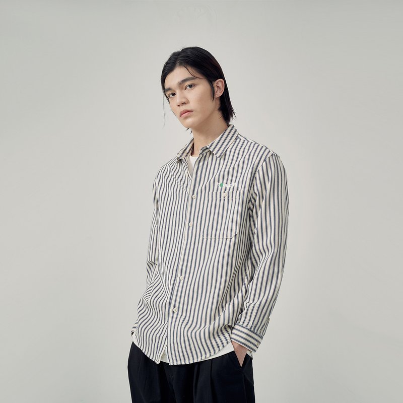 JARVISTORM2021日系潮流长袖青年免烫色织条纹牛仔衬衫男上衣外套 - 男装衬衫 - 聚酯纤维 多色