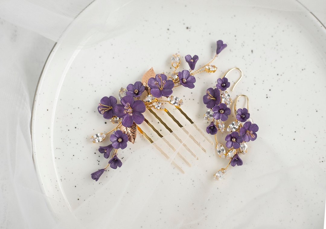 Amethyst flower jewelry set, Dark purple hair comb and earrings, Crystal clip - 发饰 - 粘土 紫色