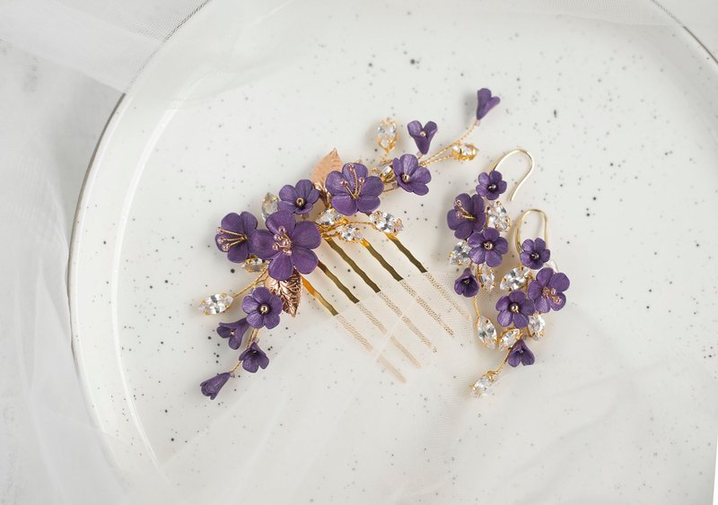 Amethyst flower jewelry set, Dark purple hair comb and earrings, Crystal clip - 发饰 - 粘土 紫色