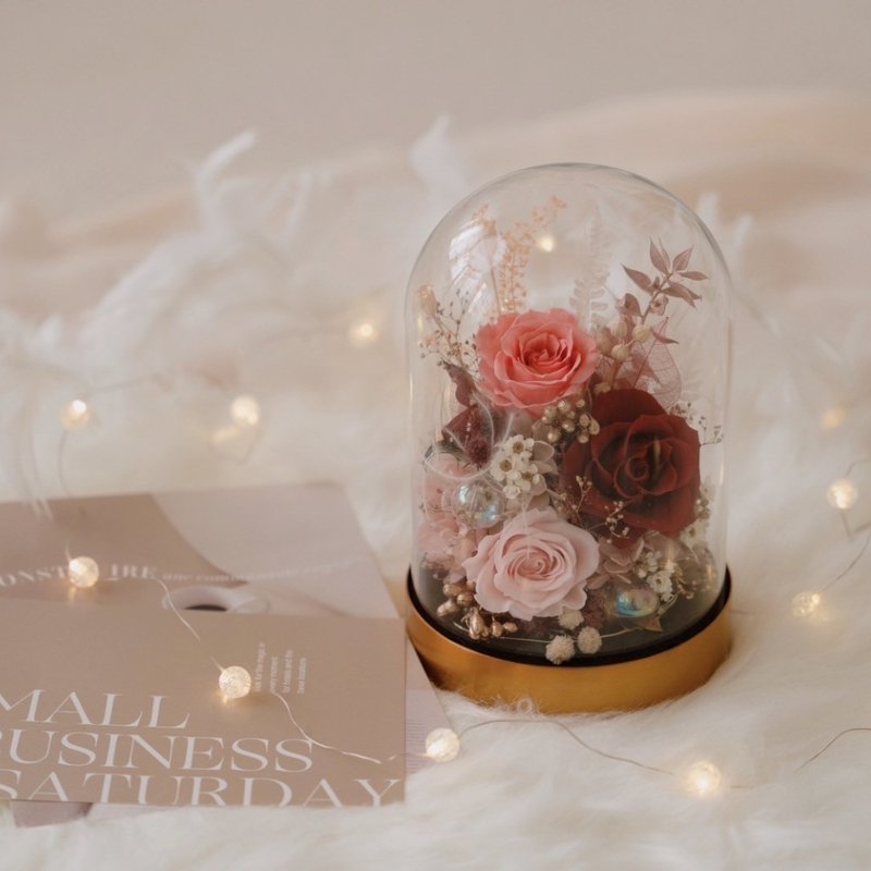 长型玻璃罩小夜灯 红粉色系永生花 生日礼物 开幕花礼 - 干燥花/捧花 - 植物．花 红色