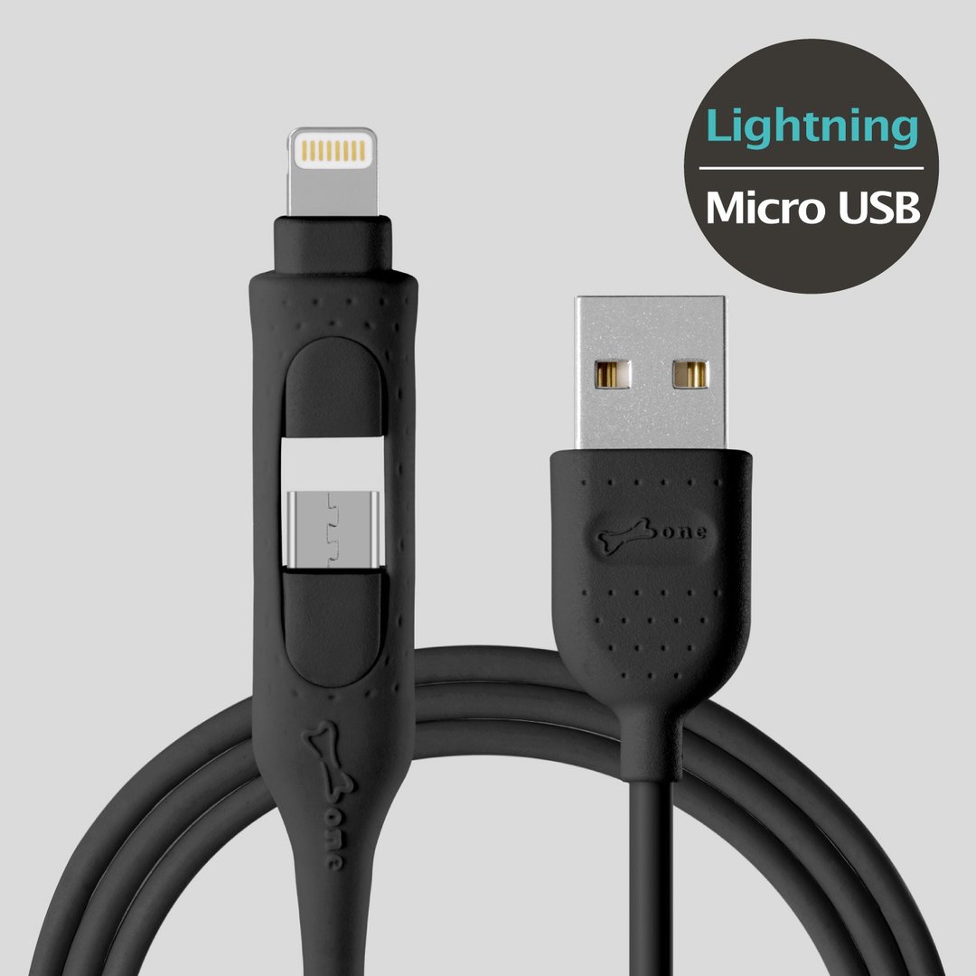 【Bone 蹦克】二合一双头充电线 ( Lightning / micro USB ) - 黑 - 充电宝/传输线 - 硅胶 多色