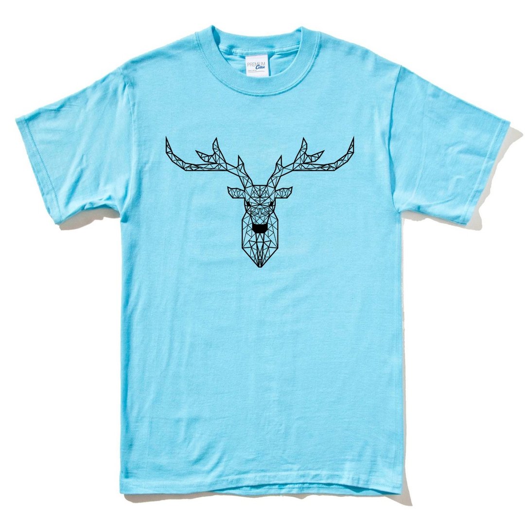 Deer Geometric 短袖T恤 天蓝色 几何 鹿 宇宙 设计 自创 品牌 银河系 时髦 圆 三角形 - 男装上衣/T 恤 - 棉 蓝色