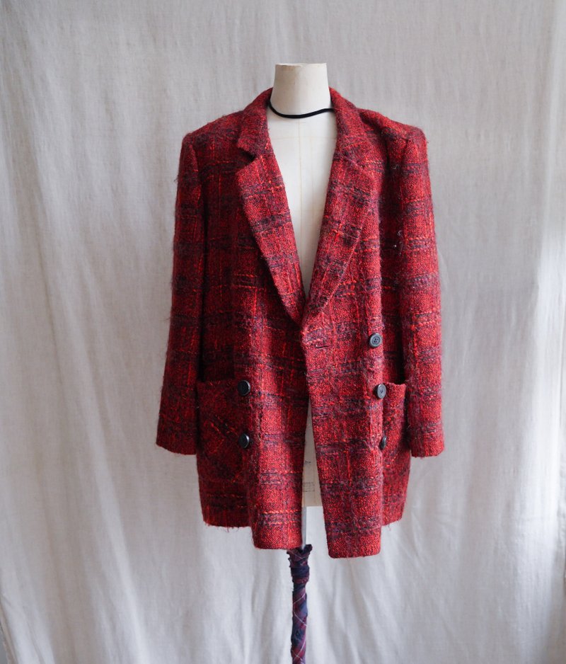 leilin 红色格子毛料西装外套中古古着外套 vintage - 女装西装外套/风衣 - 羊毛 红色