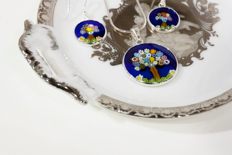 ITA BOTTEGA【Made in Italy】MURANO 生命树坠饰耳环组 - 项链 - 玻璃 蓝色