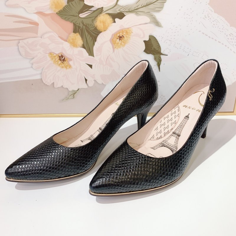 细格羊皮尖头高跟鞋-黑 - 高跟鞋 - 真皮 