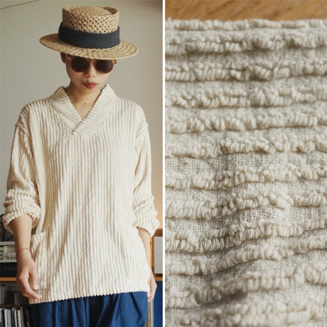 米白色 編織立體條紋柔軟毛圈面料 交叉領 復古中性上衣外套 - 女装上衣 - 棉 白色