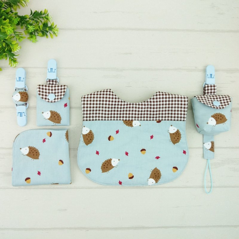 自然风刺猬-2色可选。6件组 (符袋可加价40绣名字) - 满月礼盒 - 棉．麻 蓝色