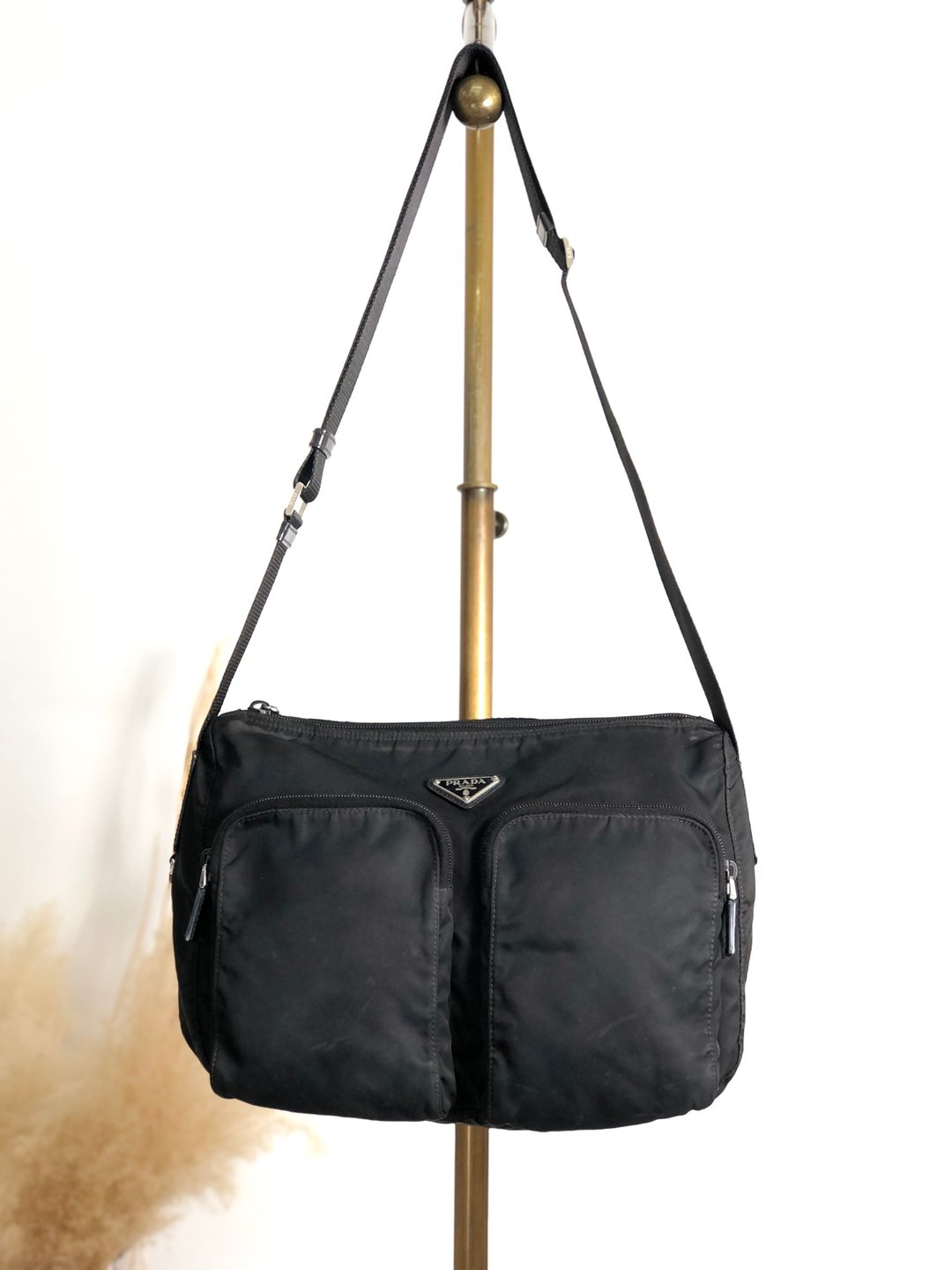 【 日本直送 名牌中古包 】PRADA 普拉达 侧背包 黑色 三角标志 尼龙 双口袋 vintage 古董 se4edp - 侧背包/斜挎包 - 尼龙 黑色