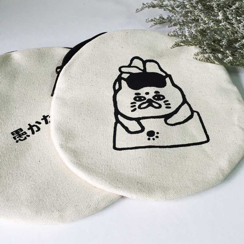 愚蠢的人类-画画五郎(猫) 不太圆的大圆形包/手工绢印 -酷酷黑 - 化妆包/杂物包 - 其他材质 黑色