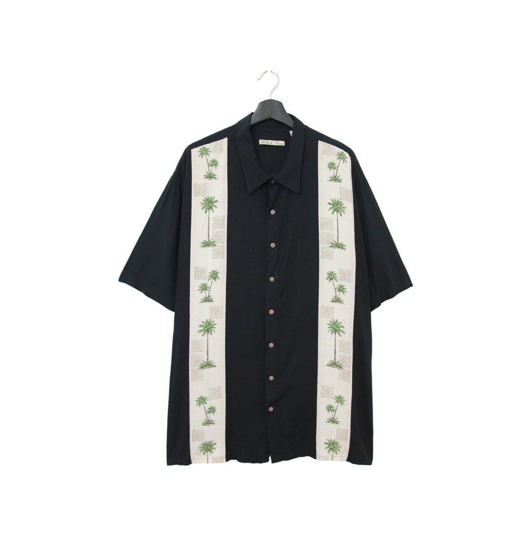 Back to Green- 刺绣短袖衬衫 黑底 椰子树排列 vintage shirt - 男装衬衫 - 聚酯纤维 