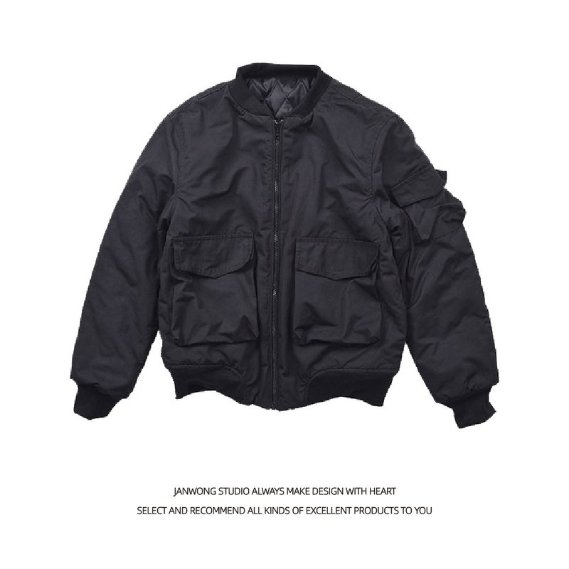 MA-1中性款多口袋空军服短款外套冬装保暖夹克 - 女装休闲/机能外套 - 棉．麻 黑色