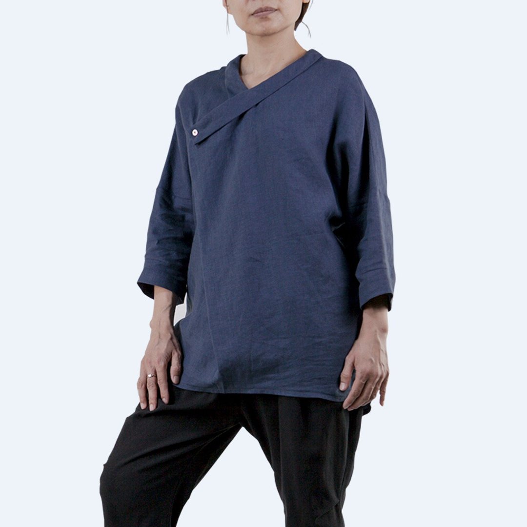 翻式斜领衫  亚麻 | 午夜蓝色 - 女装上衣 - 棉 