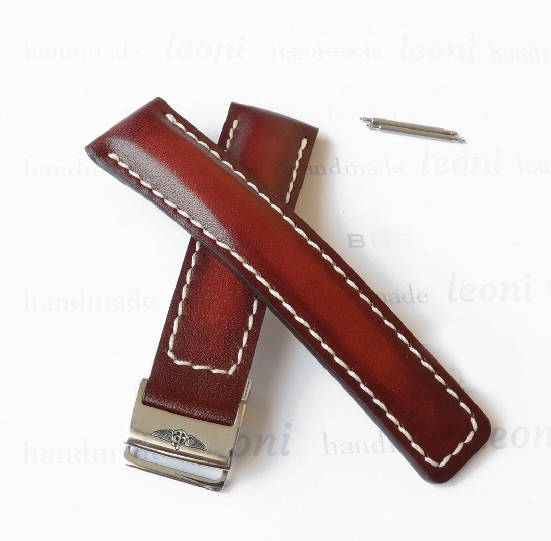 Burgundy Watch Strap for Breitling, genuine leather, Deployment clasp - 表带 - 真皮 咖啡色