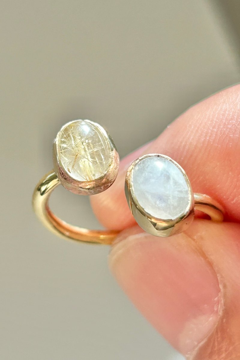 戒指叉戒指月光石和金红石石英 - 戒指 - 其他金属 金色