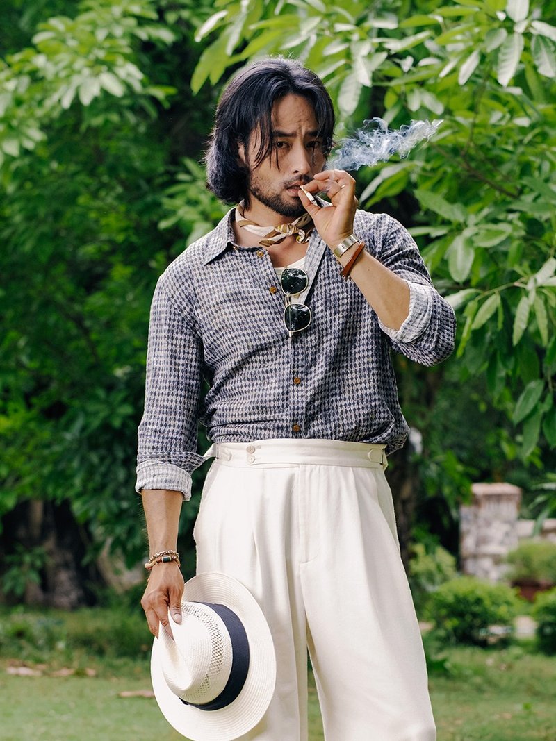 SOARIN英伦复古几何菱格纹休闲衬衫(2521C420 ) - 男装衬衫 - 棉．麻 蓝色