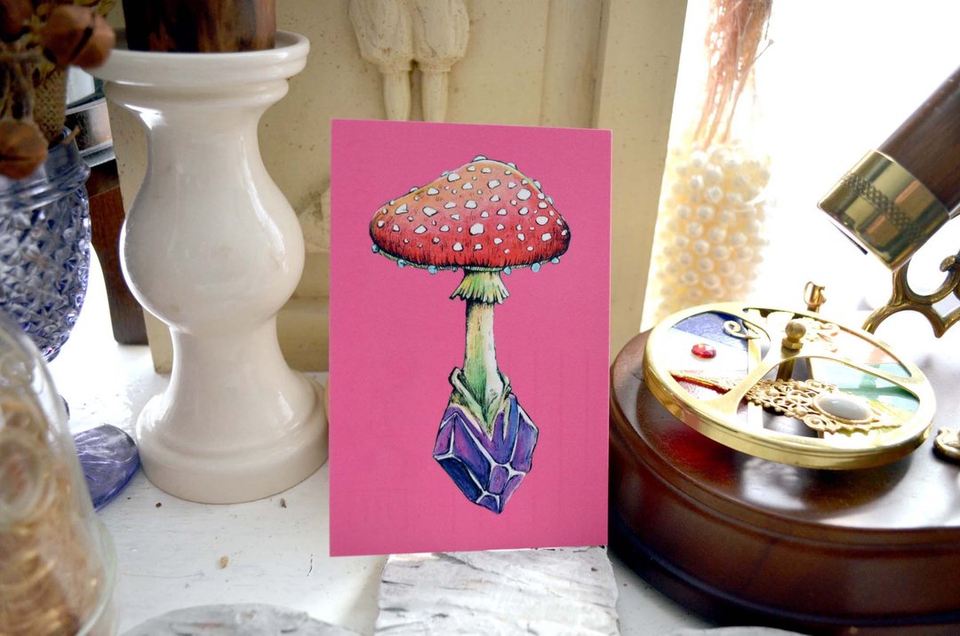 GOOKASO 魔法蘑菇紫水晶魔法石 明信片 可书写硬卡纸材质POSTCARD - 卡片/明信片 - 纸 粉红色