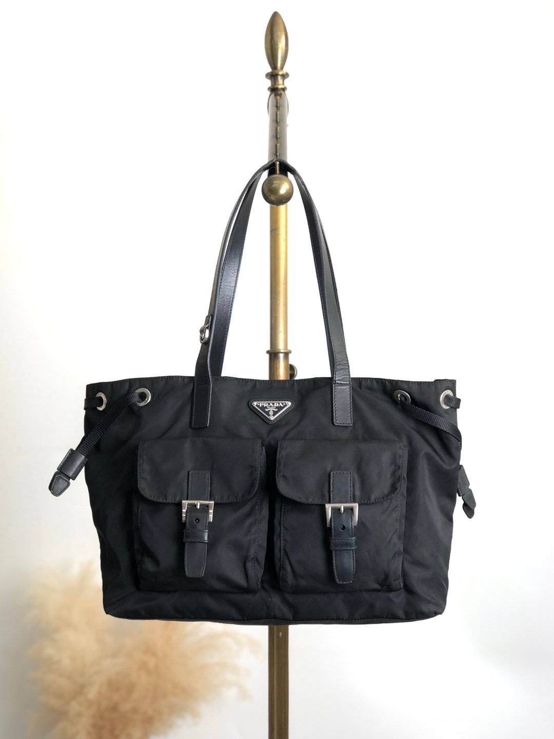 【日本直送 名牌中古包】PRADA 普拉达 托特包 黑色 三角标志 尼龙 双口袋 vintage 古着 pbxxz8 - 手提包/手提袋 - 尼龙 黑色