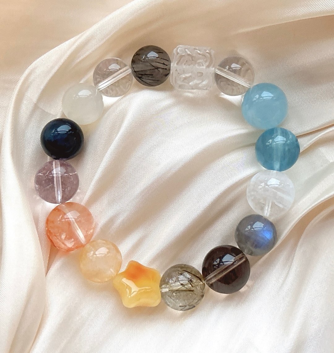 天然白水晶 海蓝宝 白幽灵 灰月光石 茶晶 黑金超七发晶 蜜蜡星星 - 手链/手环 - 水晶 