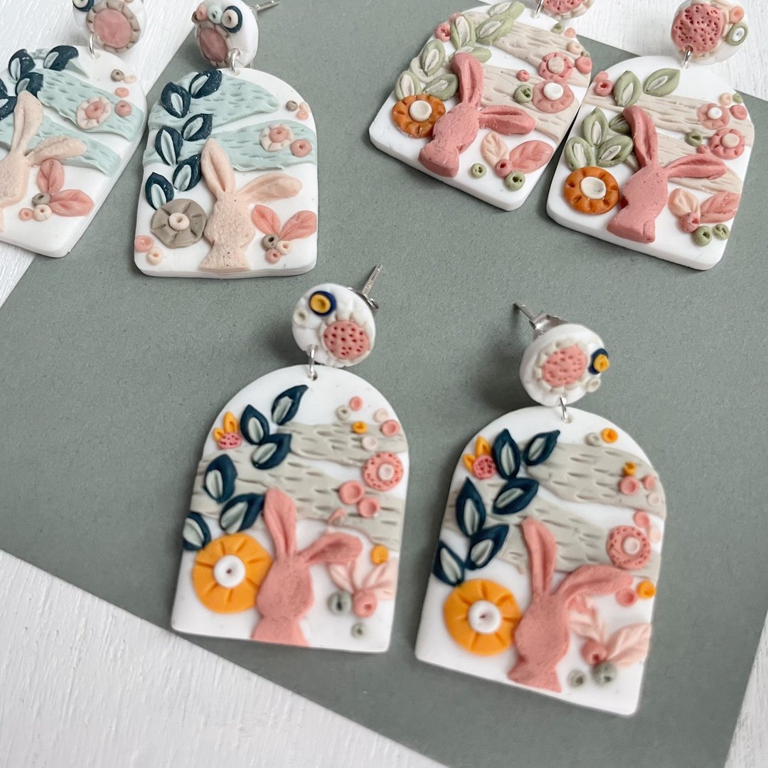 四季森林兔 纯手工软陶耳环 | Rabbit in Forest, Four Seasons - 耳环/耳夹 - 粘土 