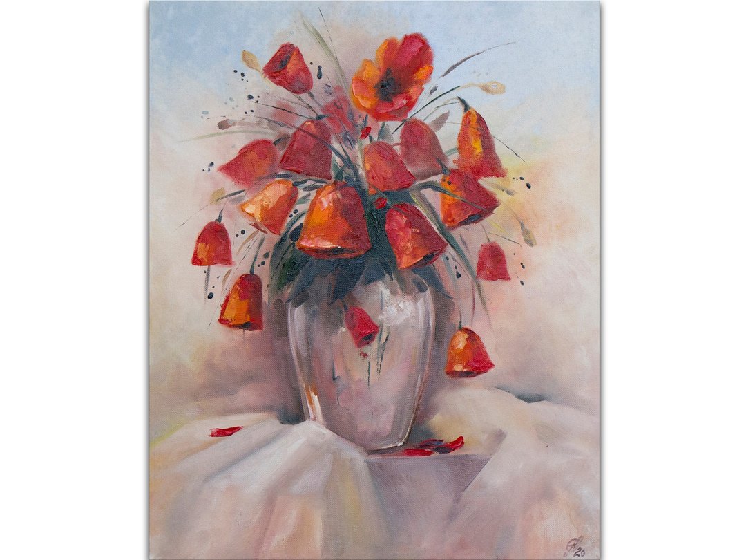 Poppy Painting Flower Original Art Floral Still Life Oil Hand-Painted - 海报/装饰画/版画 - 其他材质 红色