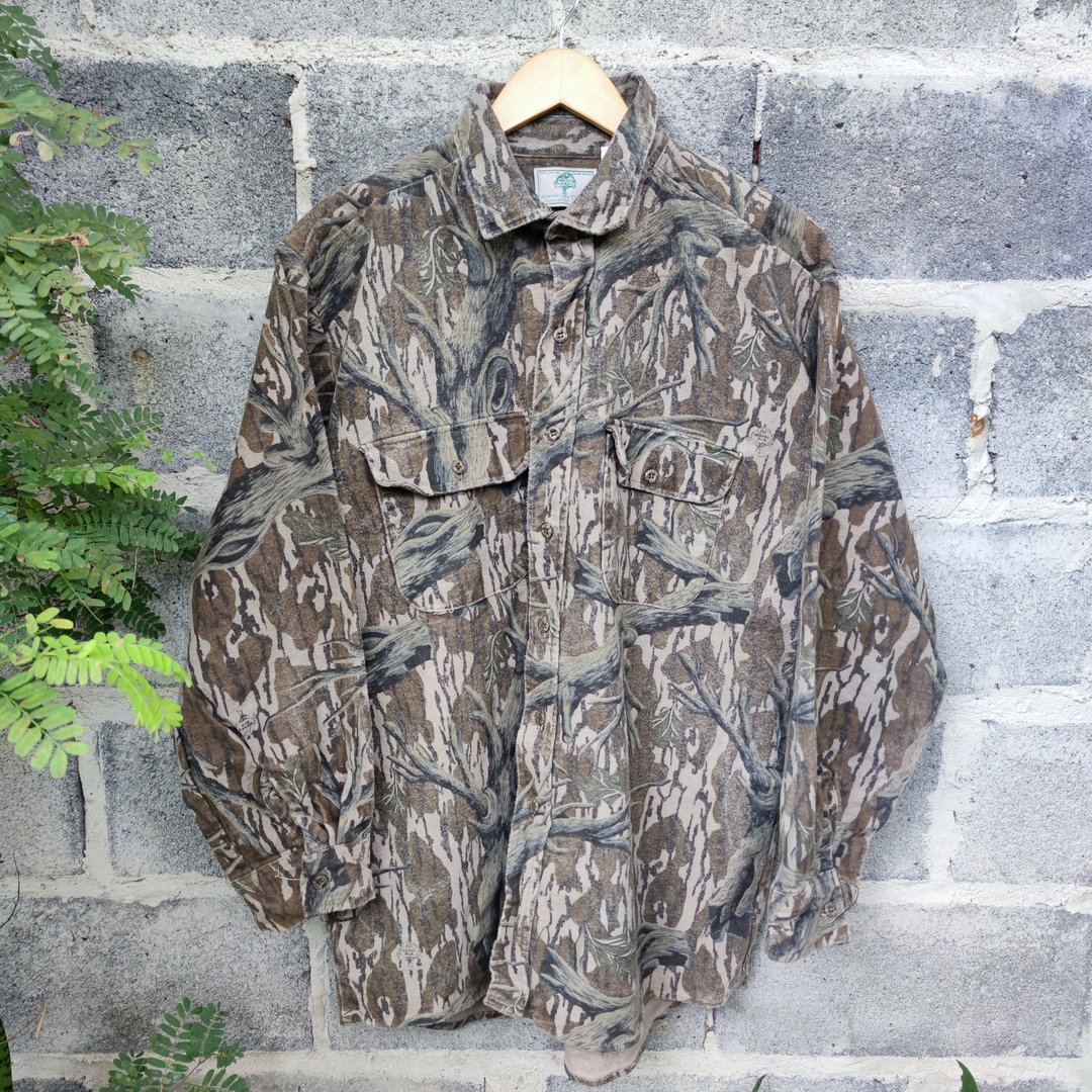Vintage 80s Mossy Oak Mens Treestand Camouflage Chamois Hunting Shir - 男装衬衫 - 棉 多色
