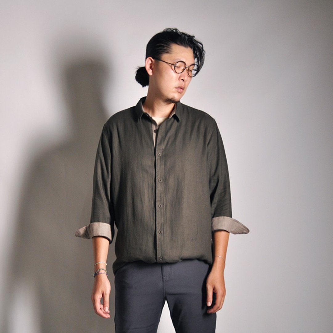【INNATE】修身版型七分袖衬衫　绿撞灰 - 男装衬衫 - 棉 绿色
