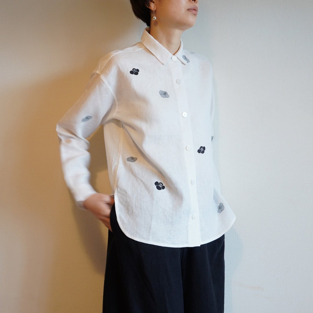 亚麻衬衫 白色 <山茶花> - 女装上衣 - 棉 白色