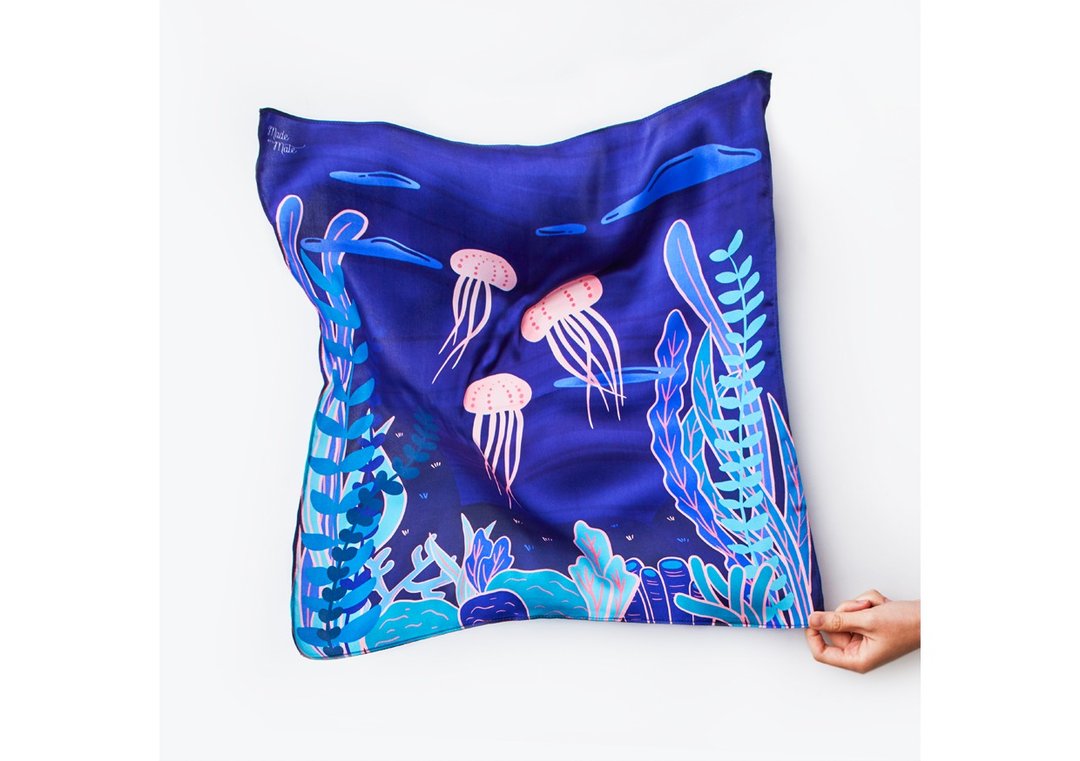Heart of the Ocean Silk Satin Scarf (Indigo/Teal), Pure Silk Satin, Square Scarf - 丝巾 - 丝．绢 蓝色