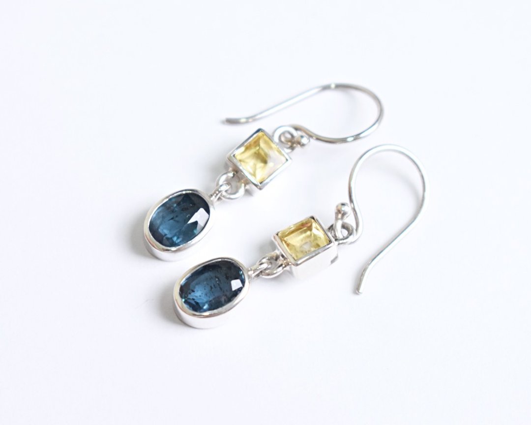 Kayanite and Citrine Silver Earrings - 耳环/耳夹 - 石头 黄色
