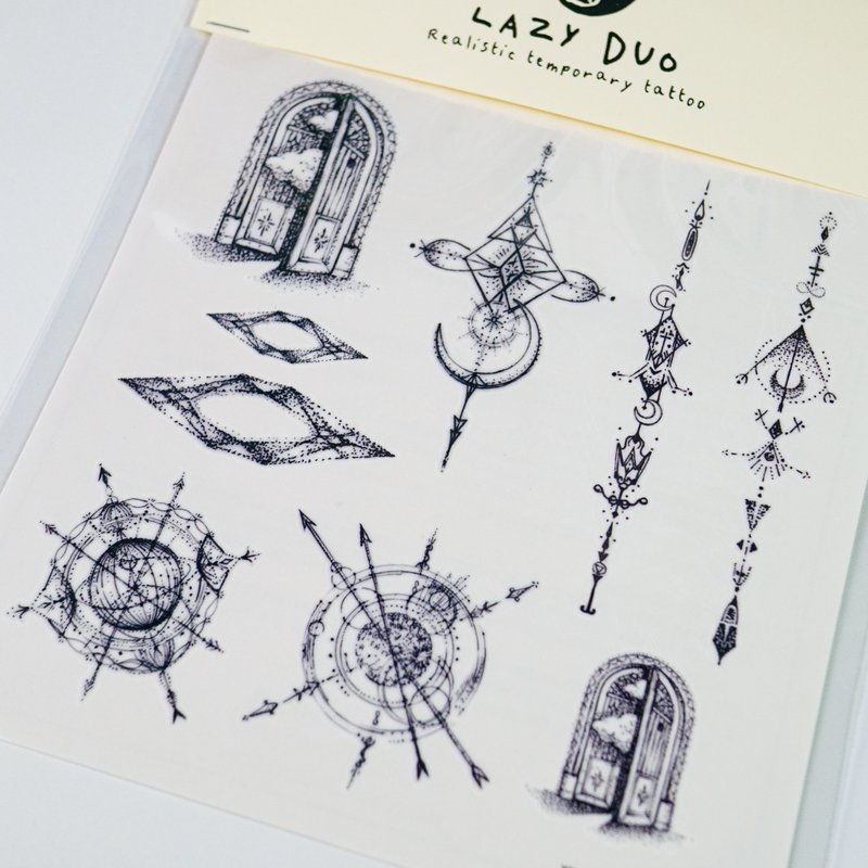 手绘刺青纹身贴纸神秘力量水晶石塔罗指南针天堂门弓箭行星球唯美 - 纹身贴 - 纸 黑色