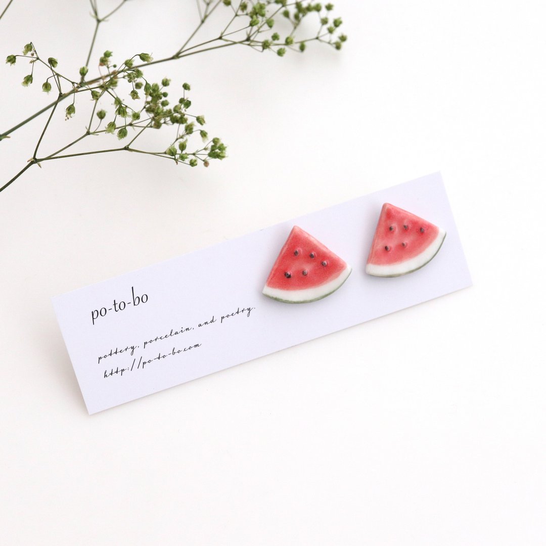 Watermelon earrings - 耳环/耳夹 - 瓷 红色