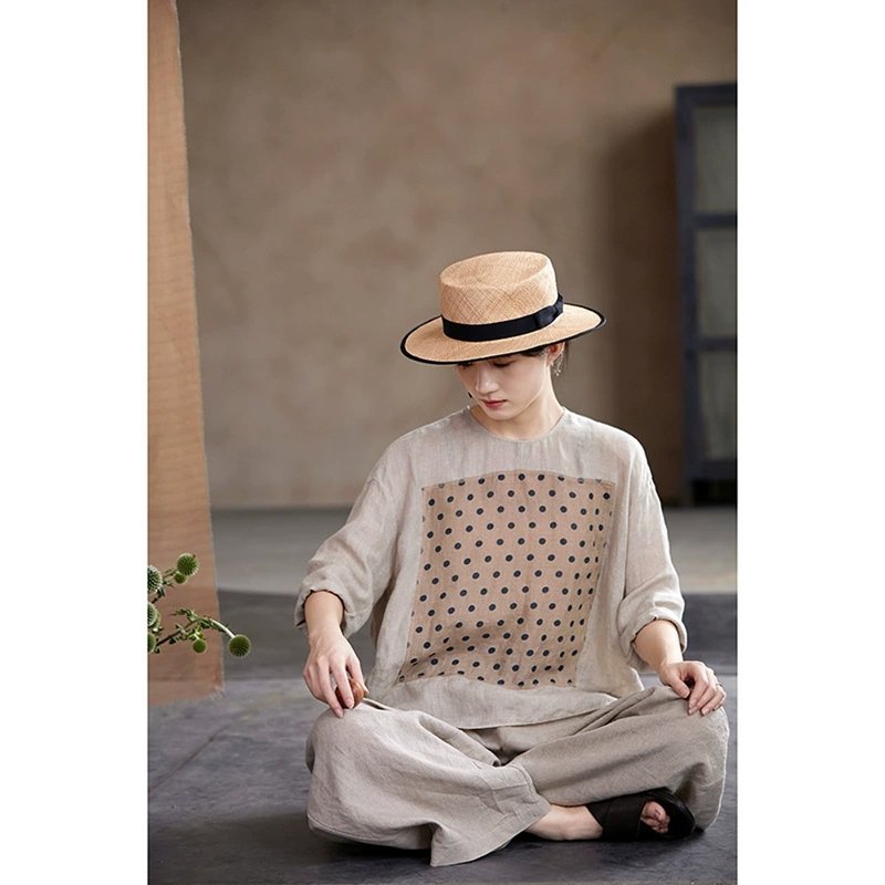 雨露麻拼贴波点棉麻轻薄宽松圆领亚麻套头衫 - 女装上衣 - 棉．麻 