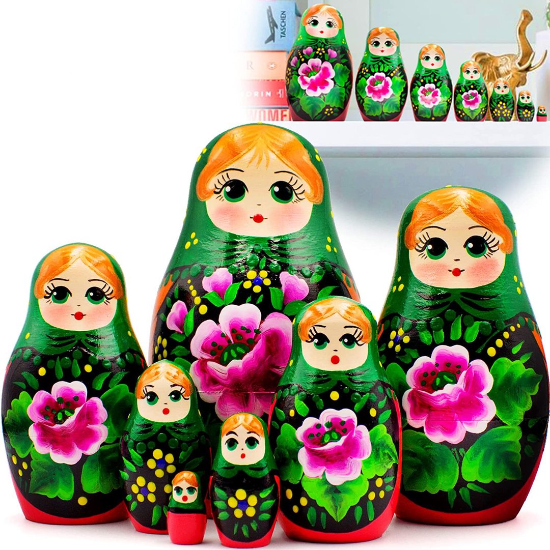 Matryoshka Dolls 7 pcs - Russian Doll in Green Dress with Pink Rose Decorations - 玩具/玩偶 - 木头 多色