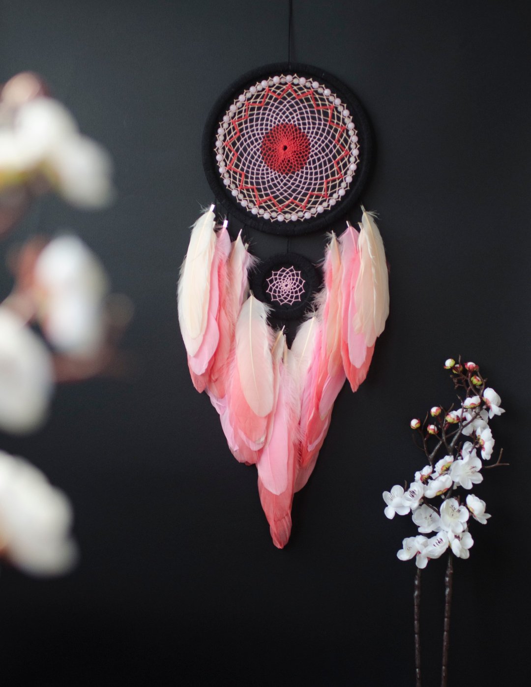 Large flamingo pink dream catcher Flamingo wall decor นกกระเรียน - 墙贴/壁贴 - 绣线 粉红色