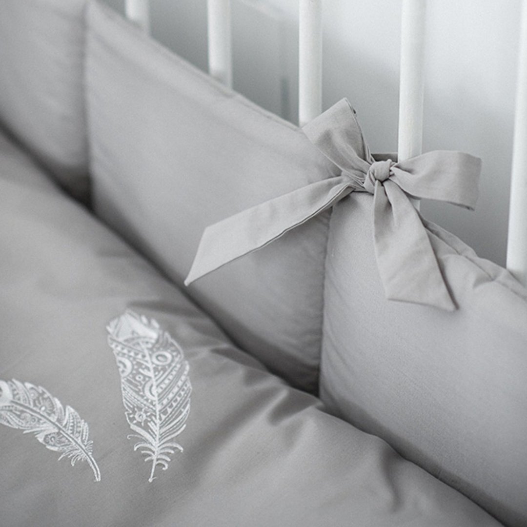 Grey baby nursery crib bumpers with bows – neutral crib guard - 婴儿床上用品 - 棉 灰色