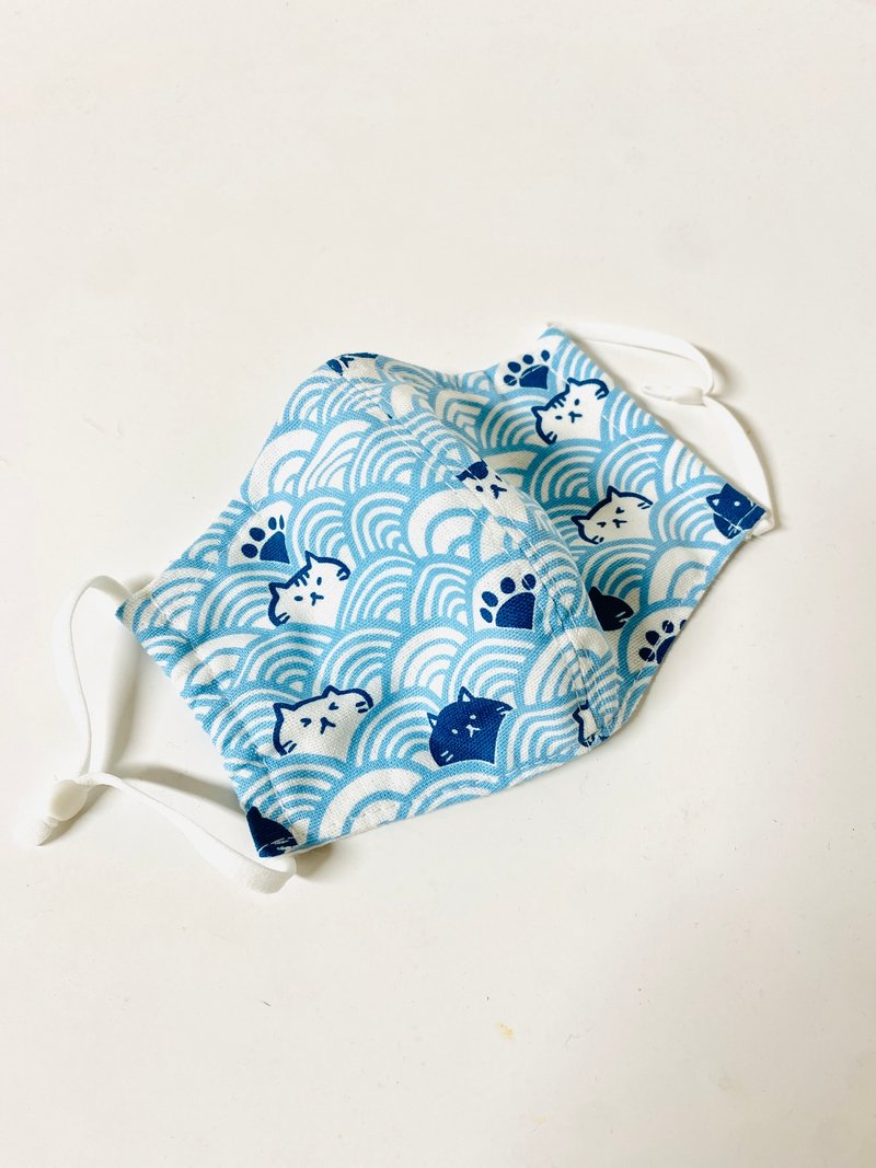 环保纯棉日本布 成人儿童 二重纱布口罩 婴儿级材质 可爱海浪猫咪 - 口罩 - 棉．麻 蓝色
