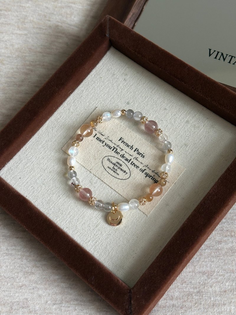 暮色夕落///红兔毛 橙兔毛 毒液金草莓 金骨干 马岛月光石 拉长石 - 手链/手环 - 水晶 粉红色