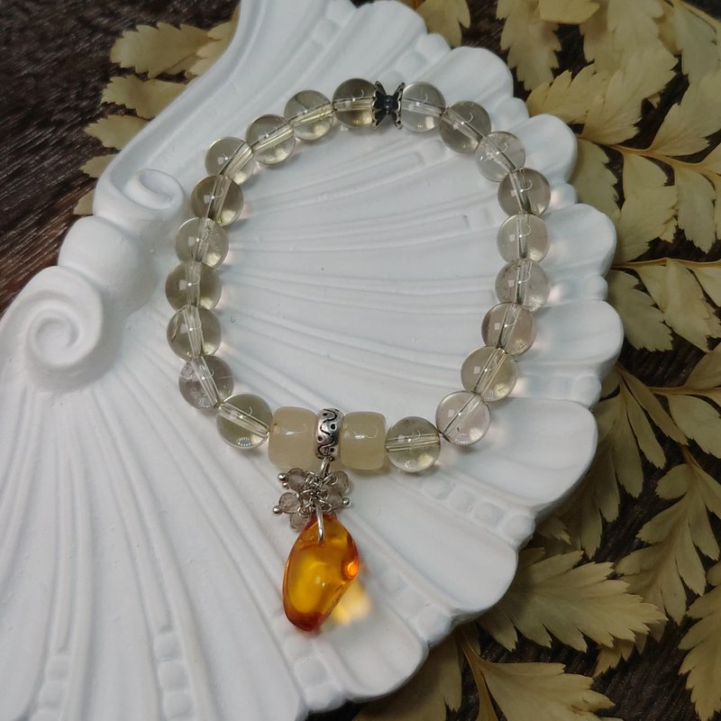 手链 天然金黄色 琥珀 茶晶 烟水晶 水晶 白玉髓 925银饰 宝石 - 手链/手环 - 宝石 