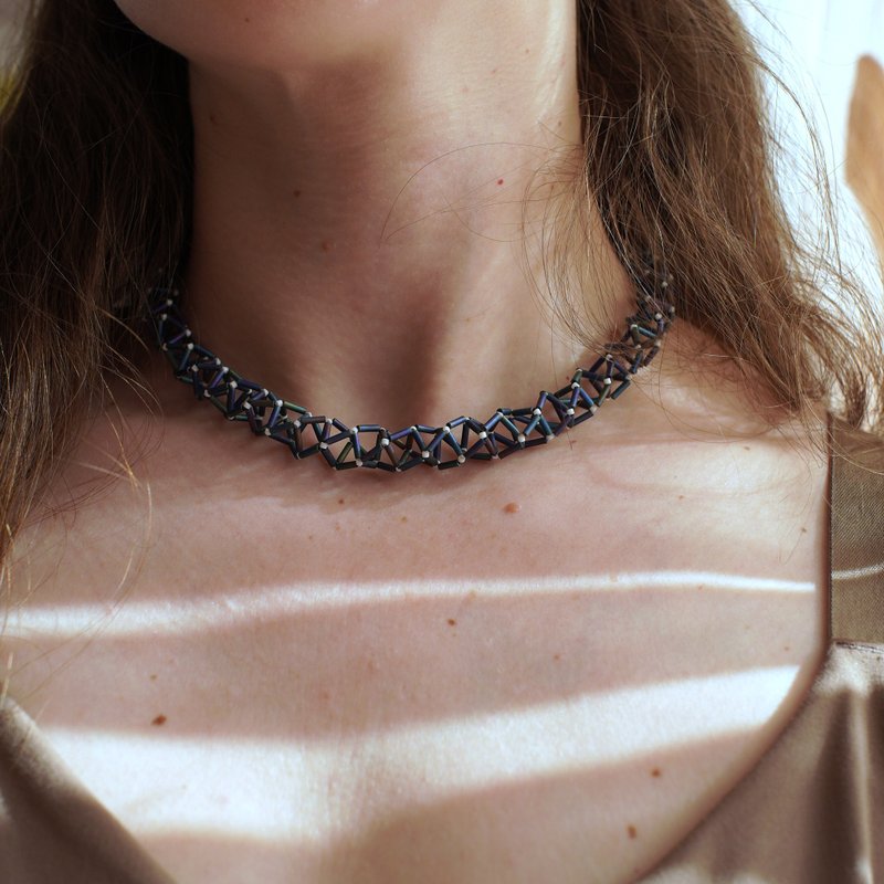 手工 Miyuki 玻璃管珠颈链 – 精致几何设计 - 项链 - 玻璃 蓝色