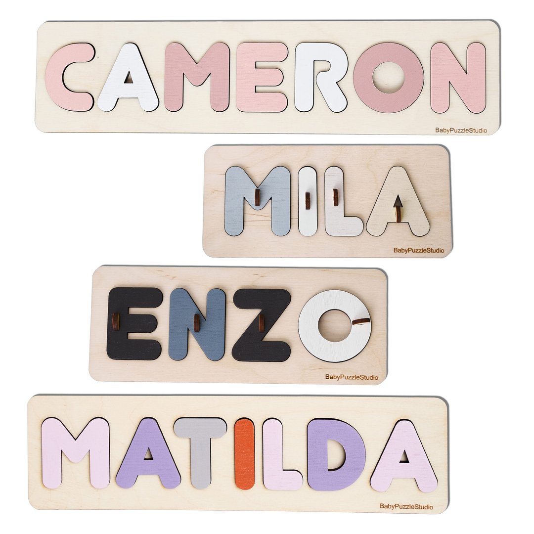 Customized Gift Personalized Name Puzzle With Pegs, New Baby Gift, Wooden Toys - 满月礼盒 - 木头 咖啡色