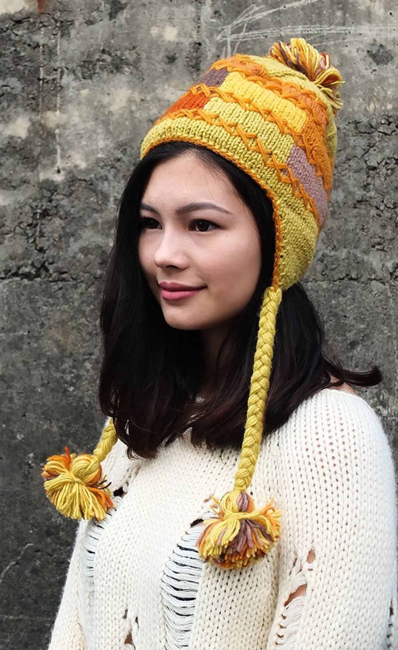 【乐拍子】纯羊毛手编毛帽 手织 滑雪 保暖 Hand-made in Nepal（色块遮耳毛帽_黄） - 帽子 - 羊毛 黄色