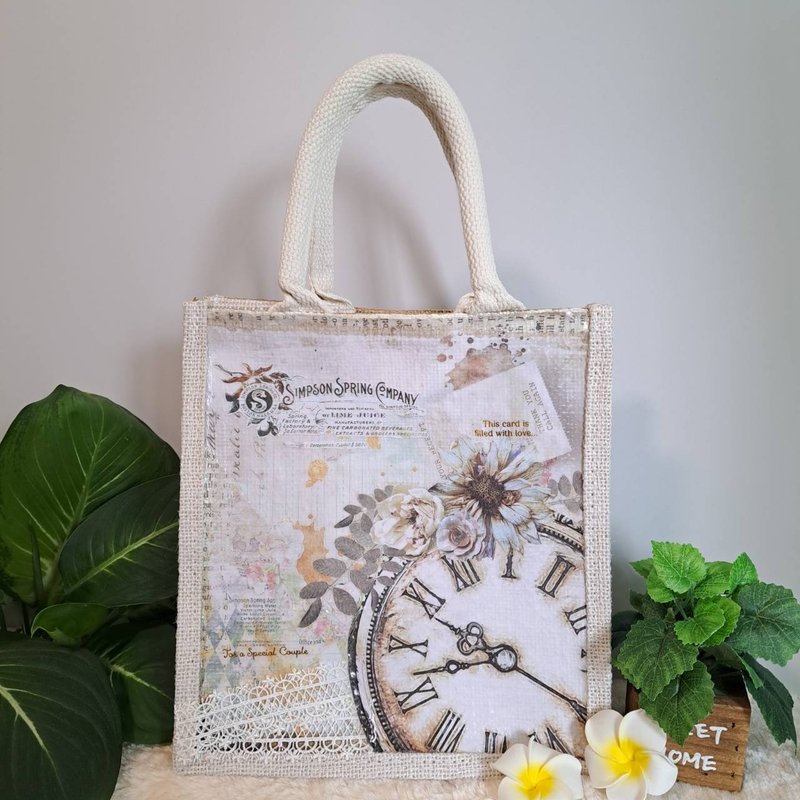 晨光白 时光花语拼贴麻布小提袋【附丝巾】 - 手提包/手提袋 - 棉．麻 