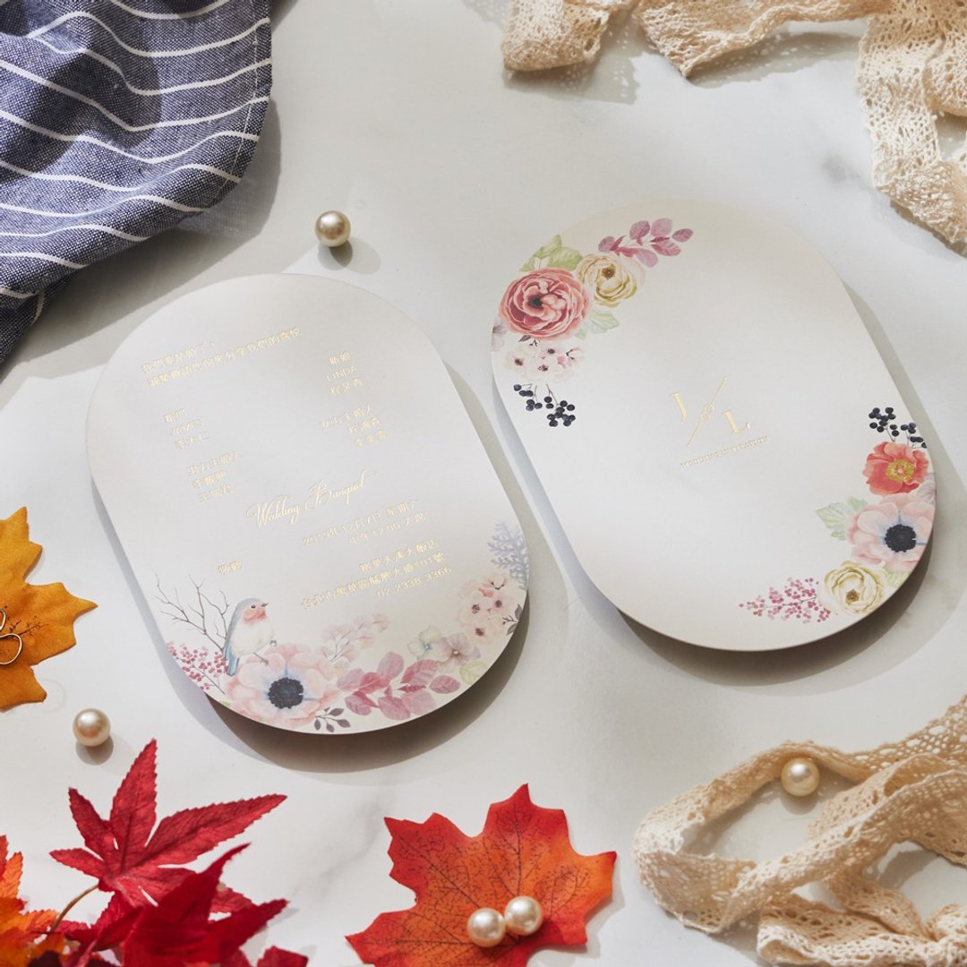 鸟语花香-椭圆厚磅喜帖 - 卡片/明信片 - 纸 白色