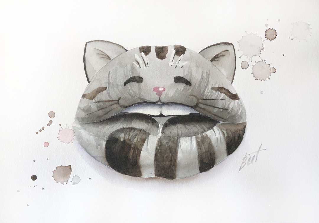 Cat Painting Lips Original Artwork Fashion Watercolor Animal Wall Art - 海报/装饰画/版画 - 纸 灰色