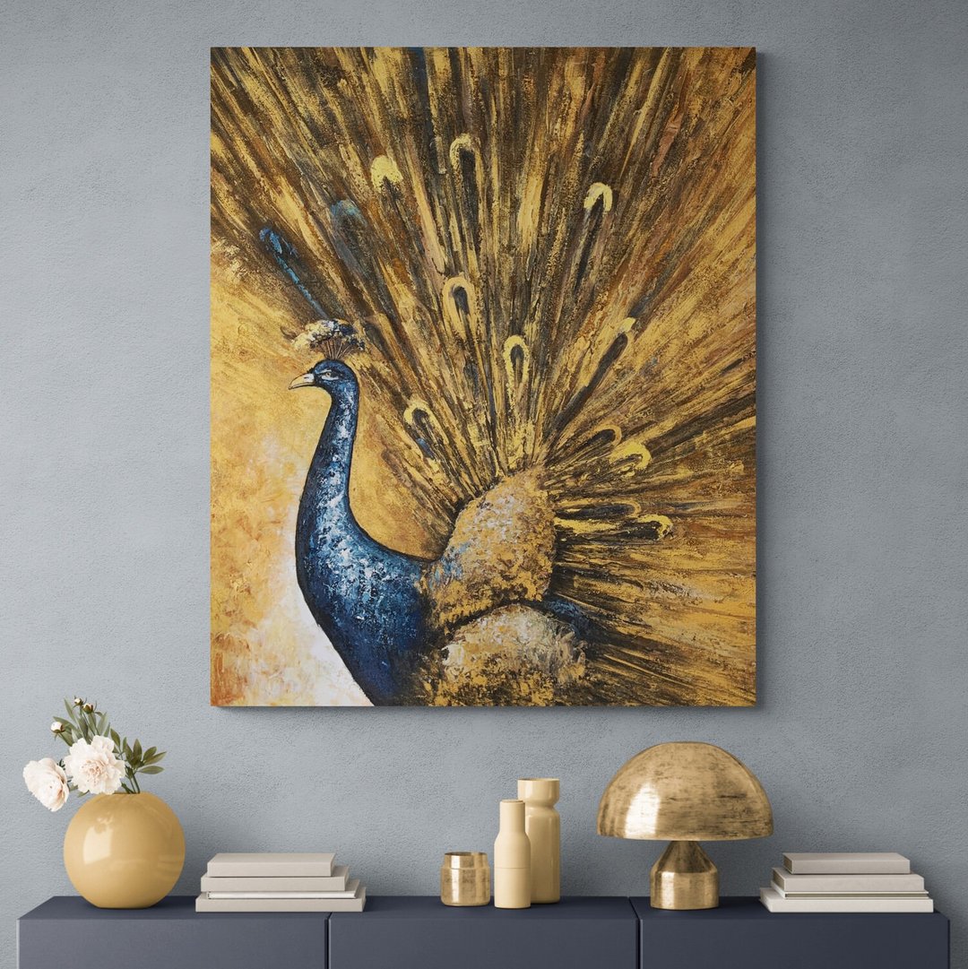 Peacock Painting Original Artwork on Canvas Feng Shui Bird Feather Painting Art - 墙贴/壁贴 - 其他材质 金色