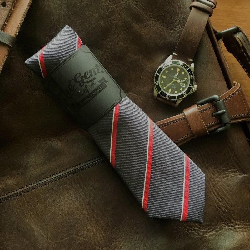 (THE GENT) Navy-Blue Red White Stripe Necktie - 领带/领带夹 - 棉．麻 蓝色