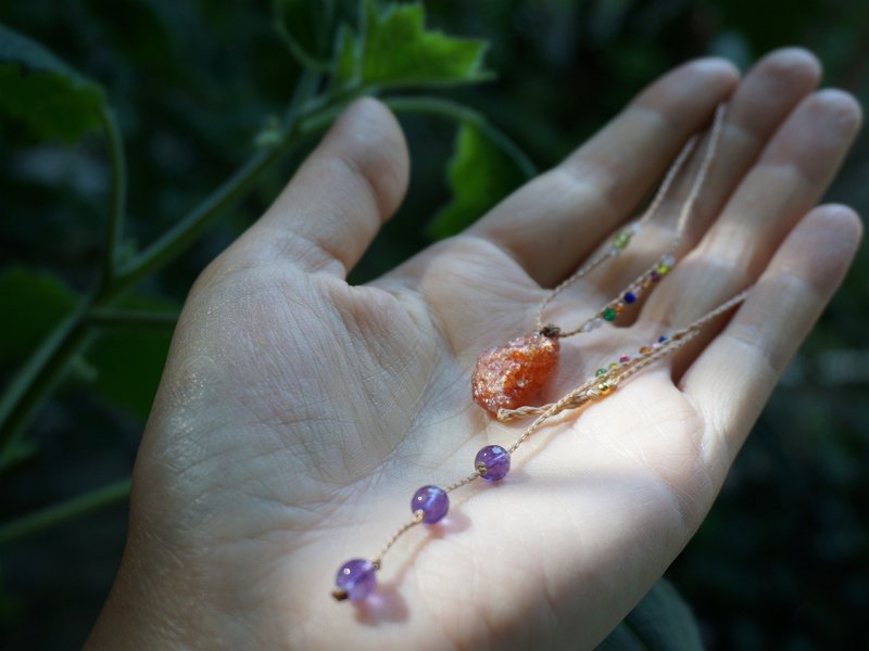 | MC | 天然太阳石原石彩虹锁骨链 手链 蜡线编织项链 - 项链 - 半宝石 