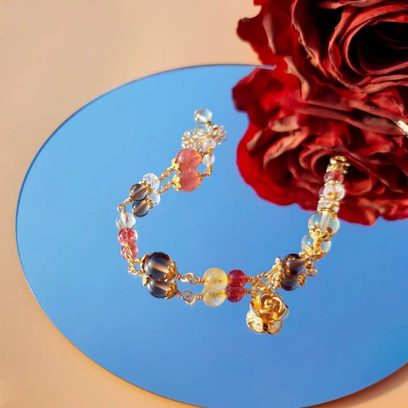 Beauty And The Beast。茶晶 黄发晶 草莓晶 14K包金 水晶手链 - 手链/手环 - 水晶 红色