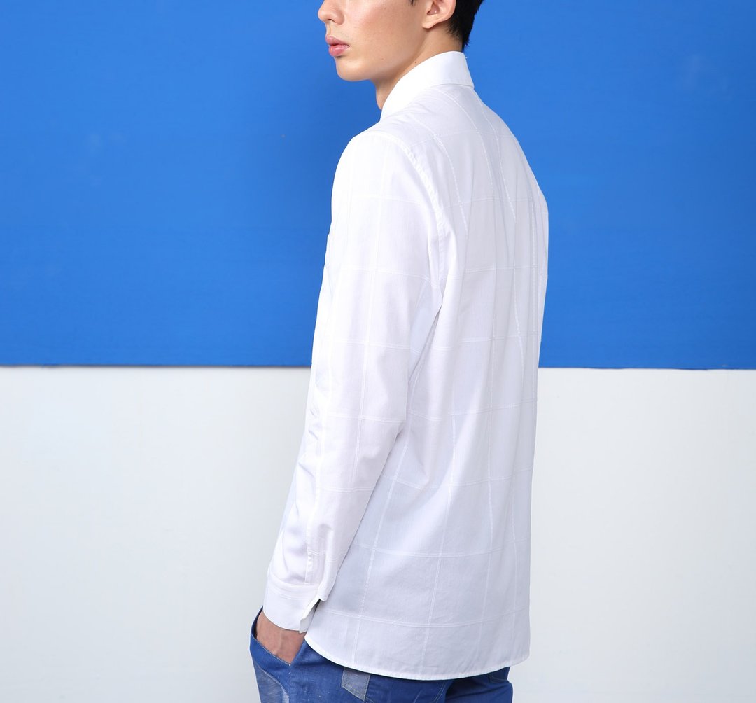 Merrick Shirt 前白后格纹长袖男衬衫 - 男装衬衫 - 棉．麻 白色