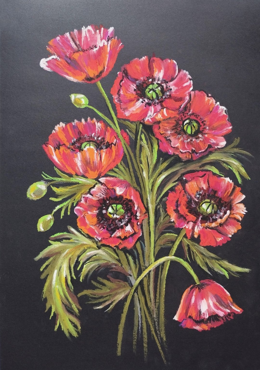 红罂粟花束画花艺术绘画油画棒花束艺术礼物 - 墙贴/壁贴 - 纸 红色